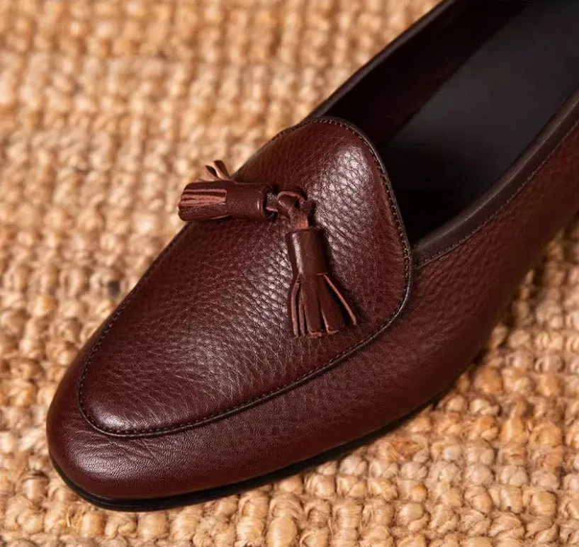 Tassel Pebble Grain Leather Belgian Loafers