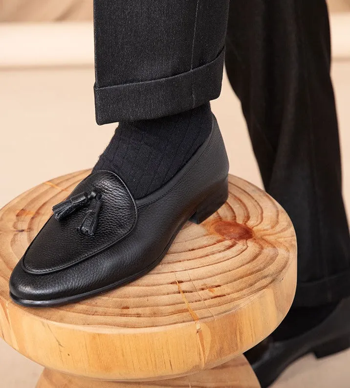 Tassel Pebble Grain Leather Belgian Loafers