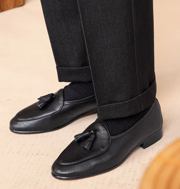 Tassel Pebble Grain Leather Belgian Loafers