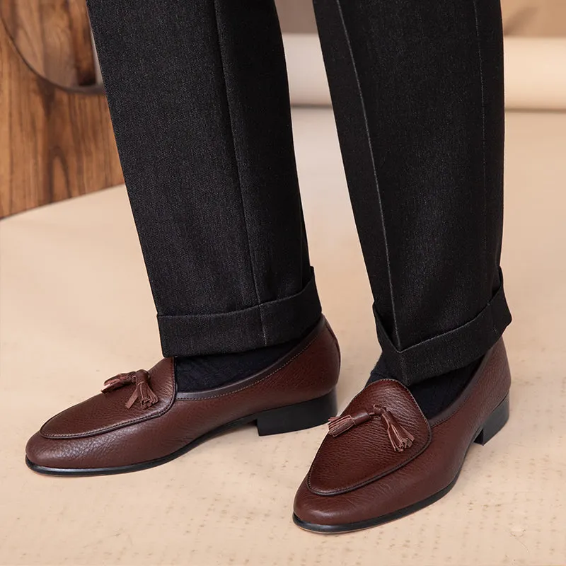 Tassel Pebble Grain Leather Belgian Loafers