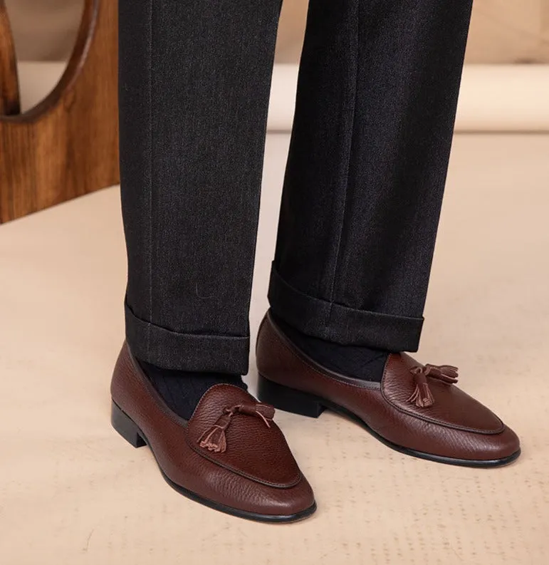 Tassel Pebble Grain Leather Belgian Loafers