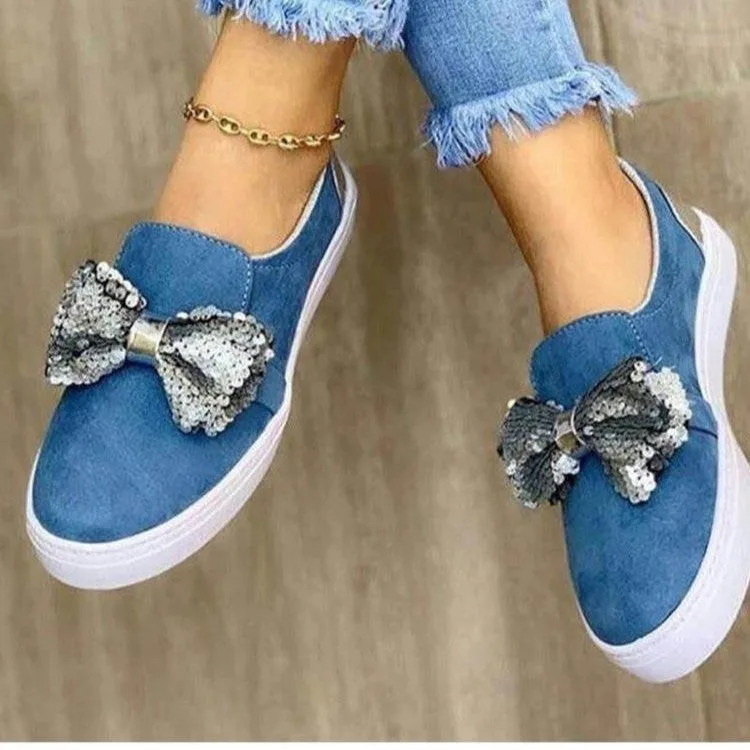 Thick-soled Sponge Cake One-foot Loafers Women Wish Large Size Sequin Bow Single Shoes Women