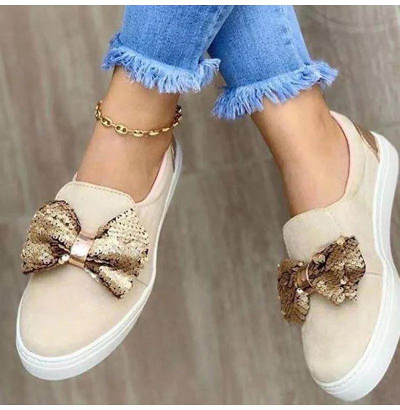 Thick-soled Sponge Cake One-foot Loafers Women Wish Large Size Sequin Bow Single Shoes Women
