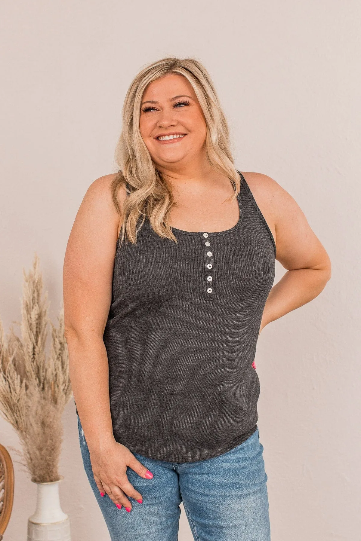 Tight Knit Love Button Tank- Charcoal