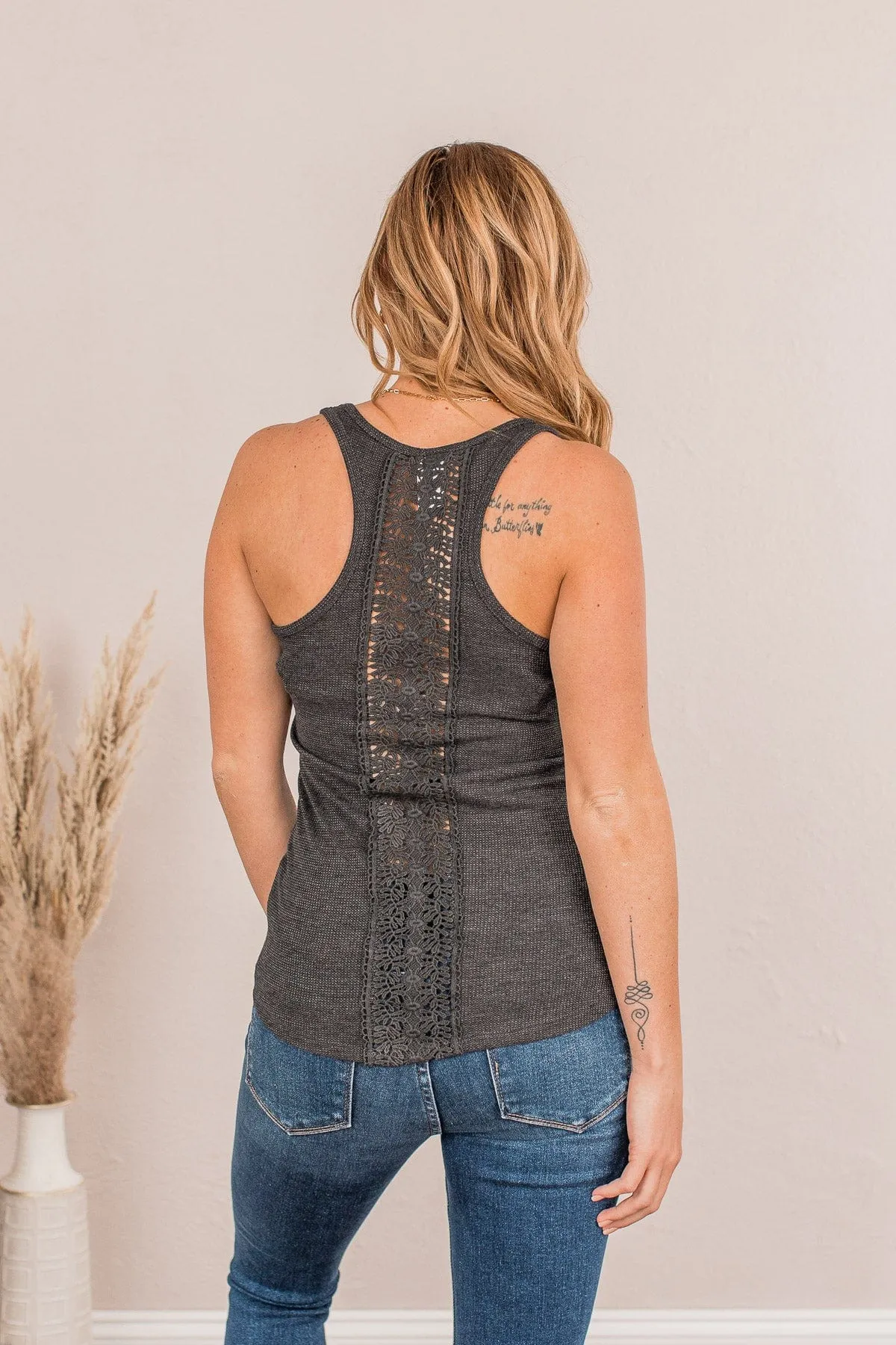 Tight Knit Love Button Tank- Charcoal
