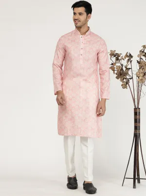Tint Peach Printed Cotton Silk Blend Kurta | The Kurta Company
