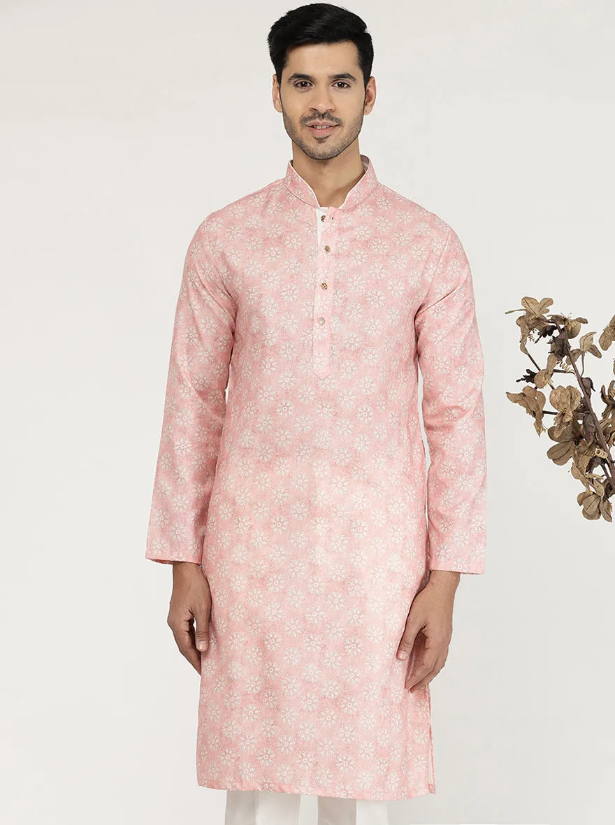 Tint Peach Printed Cotton Silk Blend Kurta | The Kurta Company