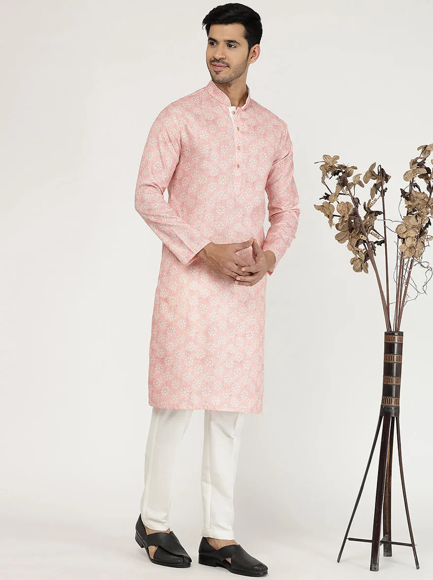 Tint Peach Printed Cotton Silk Blend Kurta | The Kurta Company