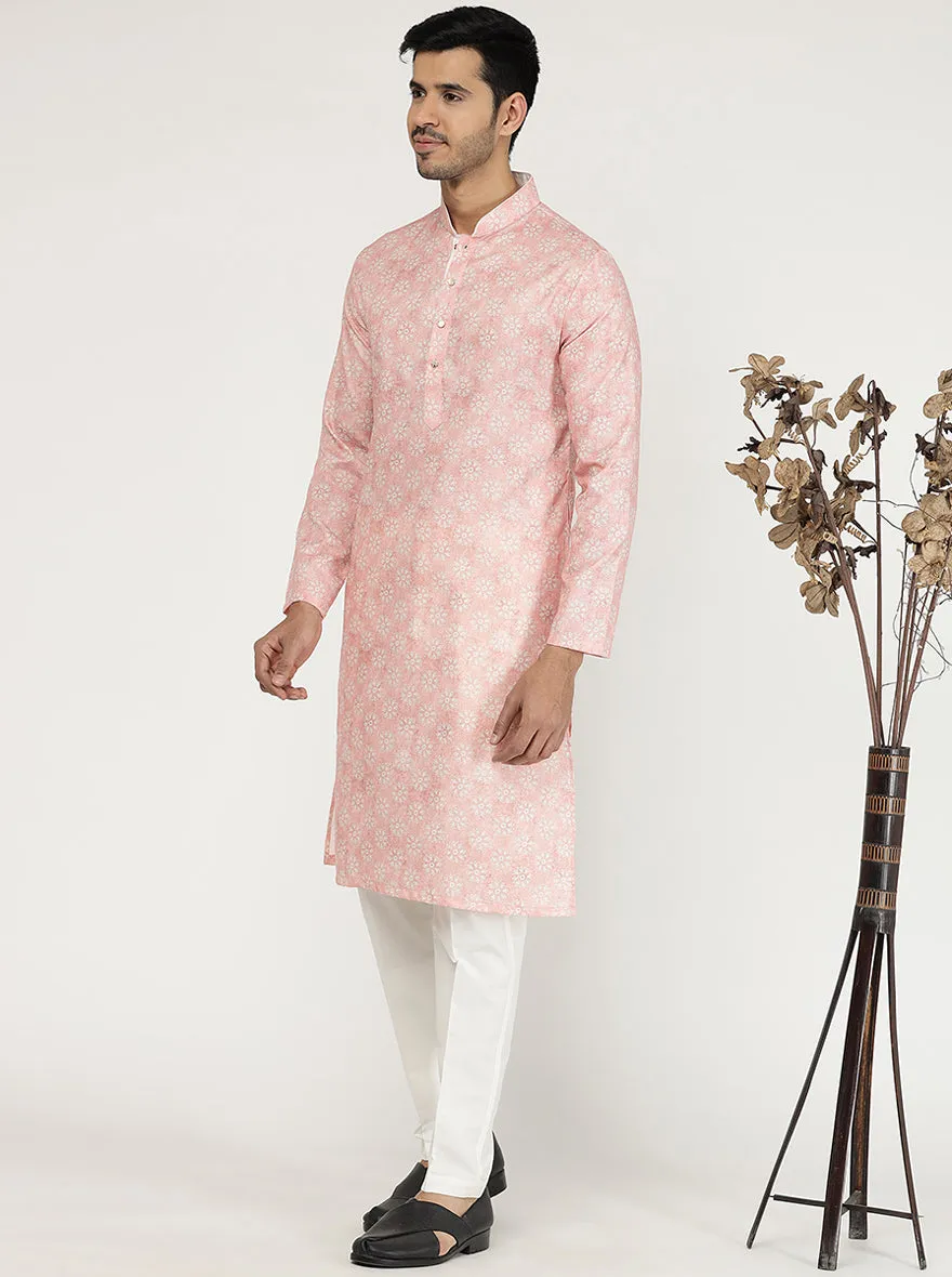 Tint Peach Printed Cotton Silk Blend Kurta | The Kurta Company