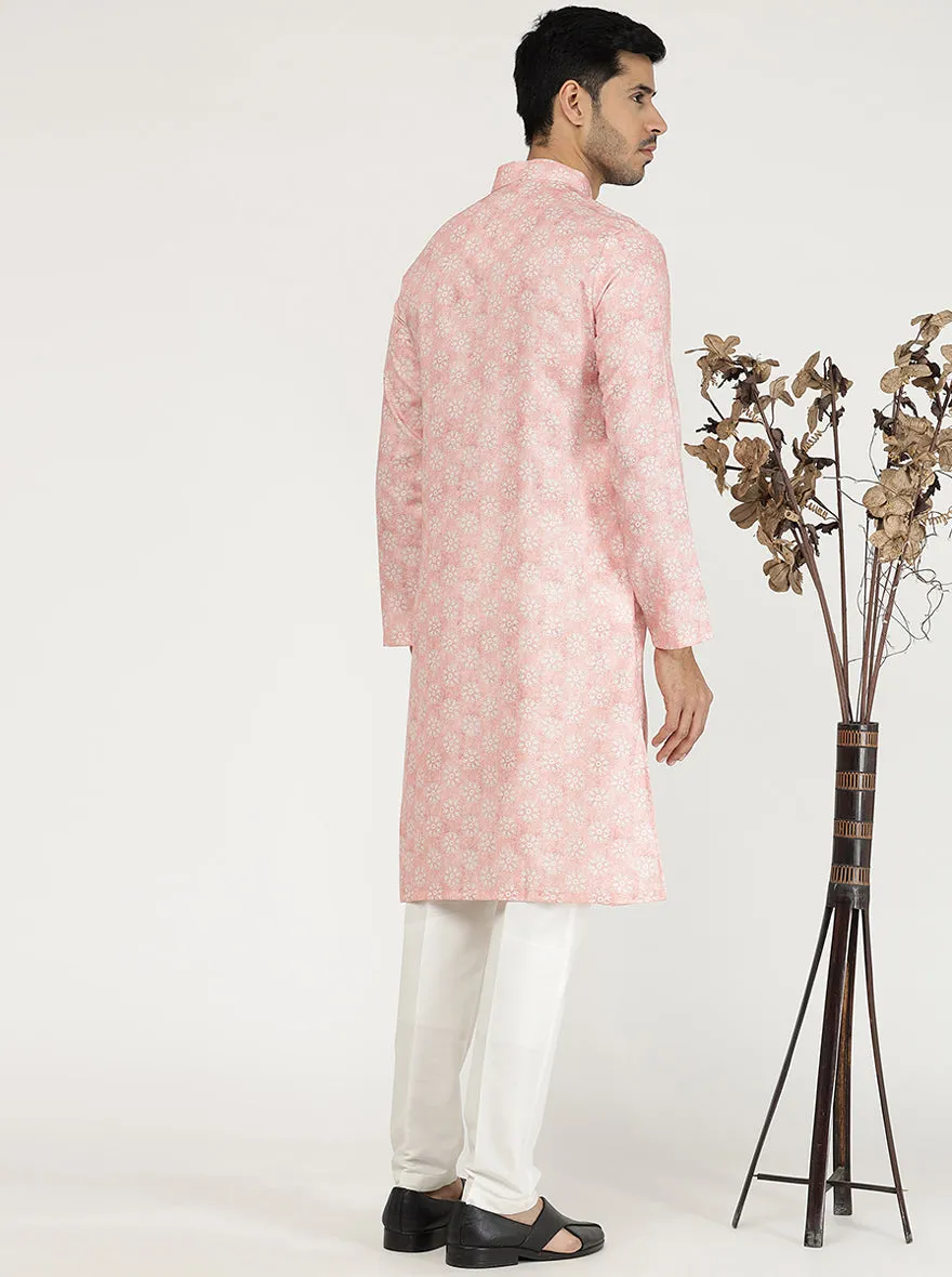 Tint Peach Printed Cotton Silk Blend Kurta | The Kurta Company