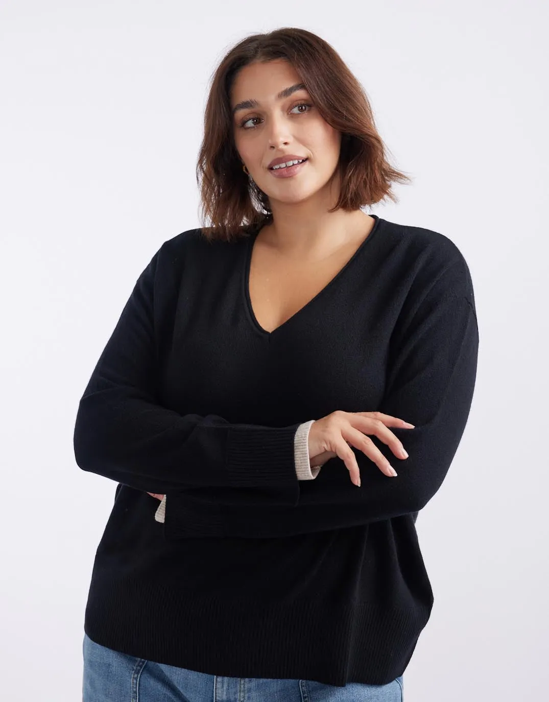 Upstate Wool Cashmere Double Cuff Knit Jumper - Black/Oat