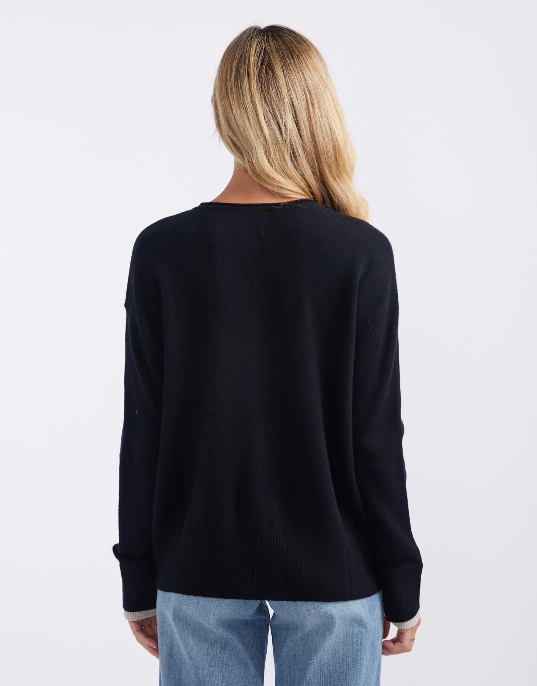 Upstate Wool Cashmere Double Cuff Knit Jumper - Black/Oat