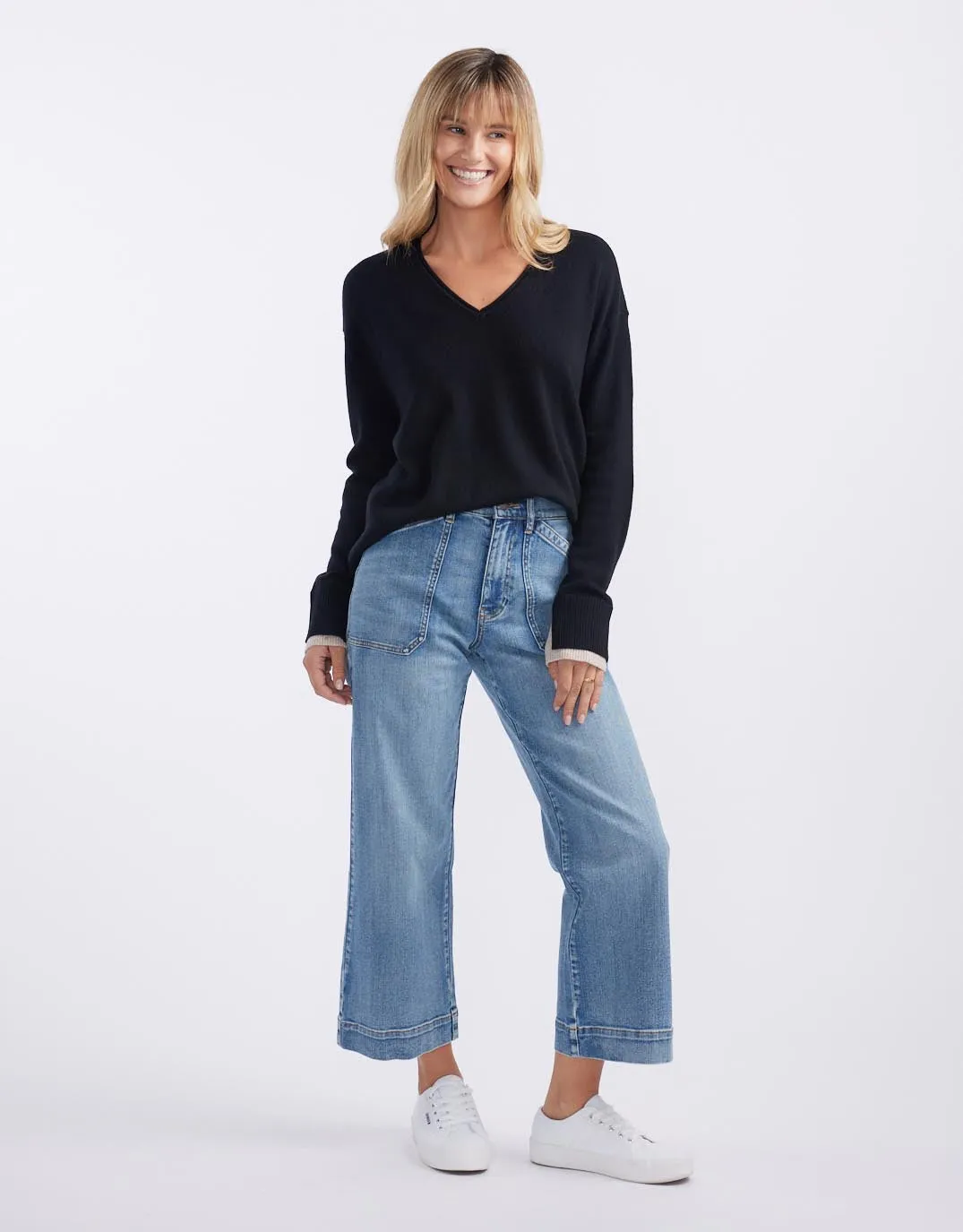 Upstate Wool Cashmere Double Cuff Knit Jumper - Black/Oat