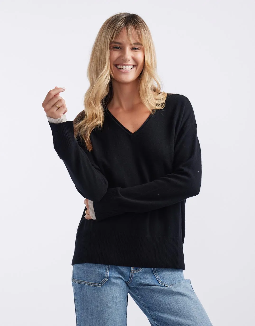 Upstate Wool Cashmere Double Cuff Knit Jumper - Black/Oat