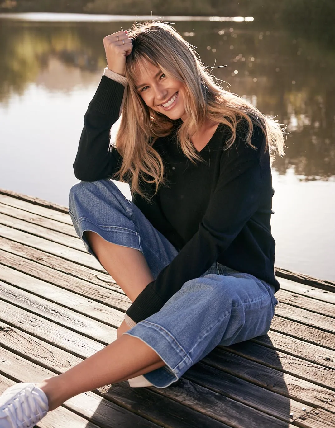 Upstate Wool Cashmere Double Cuff Knit Jumper - Black/Oat