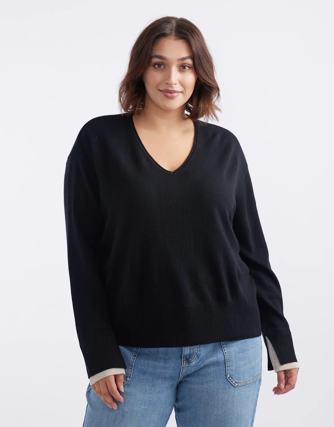 Upstate Wool Cashmere Double Cuff Knit Jumper - Black/Oat