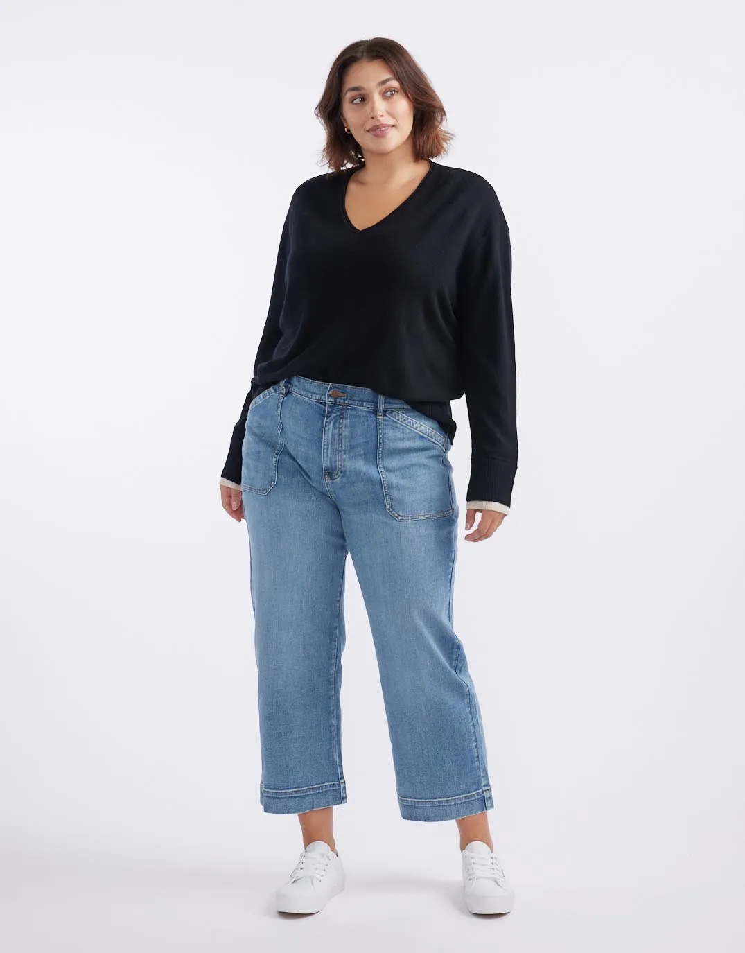 Upstate Wool Cashmere Double Cuff Knit Jumper - Black/Oat