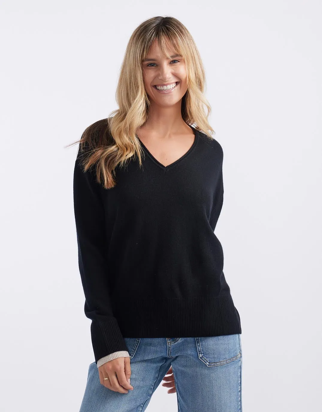 Upstate Wool Cashmere Double Cuff Knit Jumper - Black/Oat
