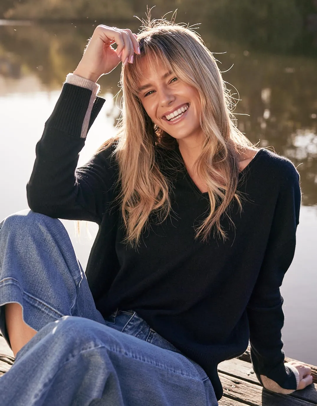 Upstate Wool Cashmere Double Cuff Knit Jumper - Black/Oat