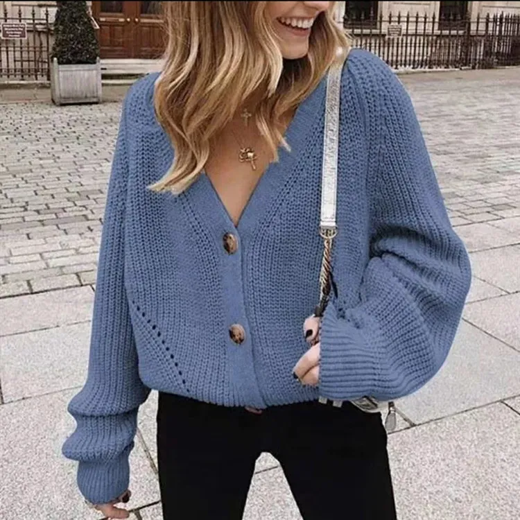 Verge Button-Up Knit V-Neck Cardigan Sweater