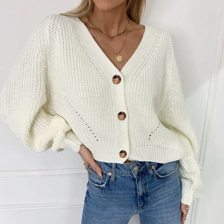 Verge Button-Up Knit V-Neck Cardigan Sweater