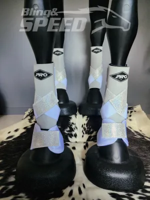 White H20 Front & Rear Set White Sparkle Leather Straps Support Boots and Bells