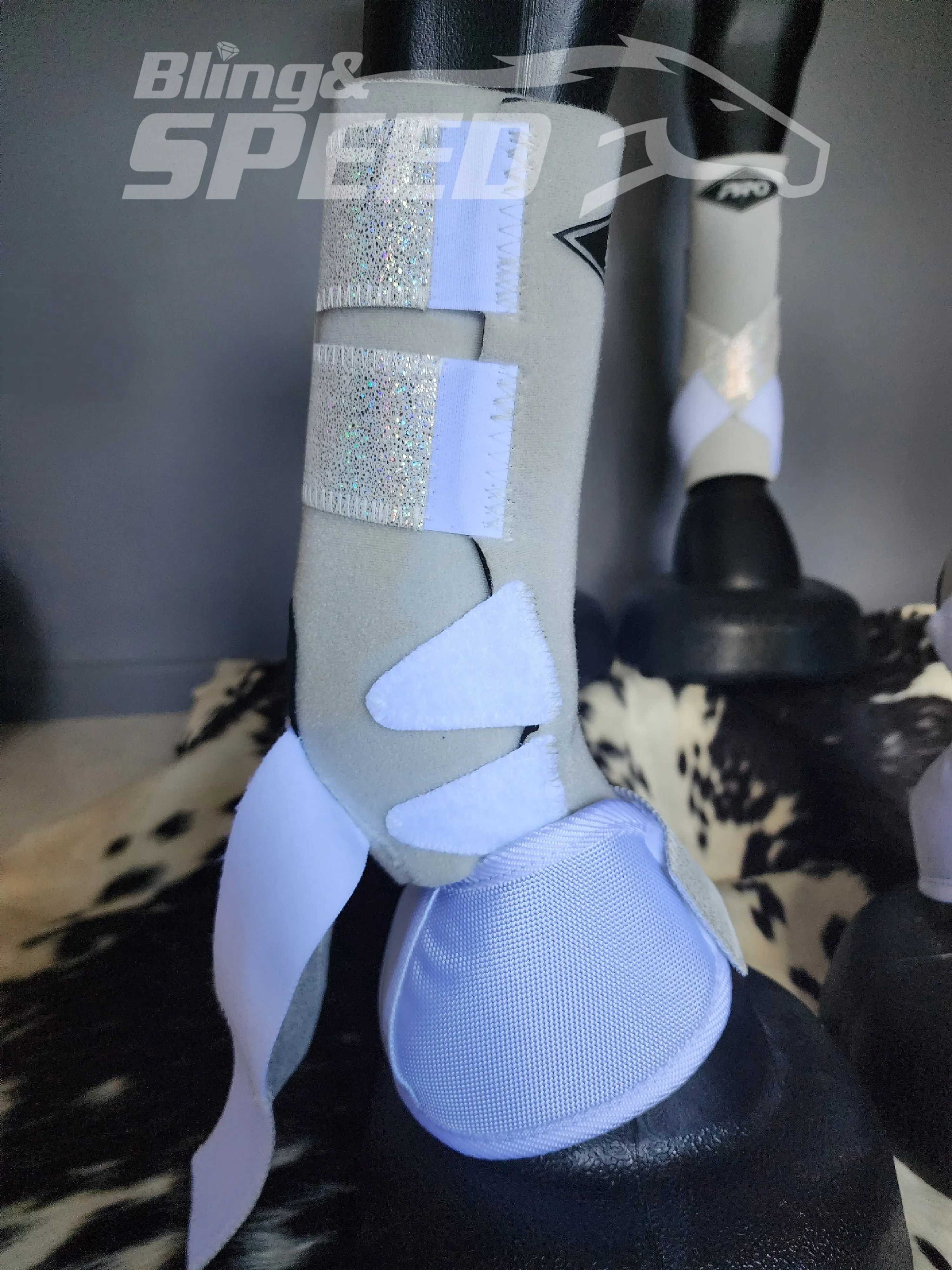 White H20 Front & Rear Set White Sparkle Leather Straps Support Boots and Bells