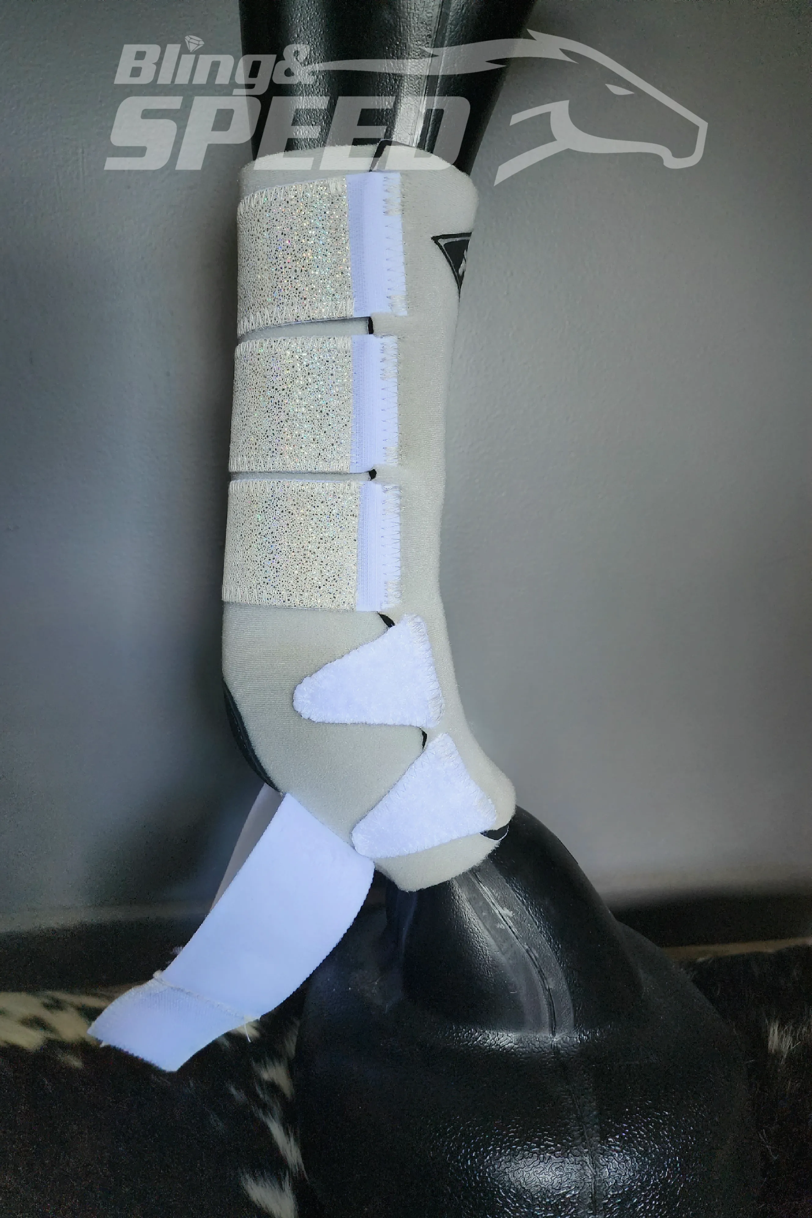 White H20 Front & Rear Set White Sparkle Leather Straps Support Boots and Bells