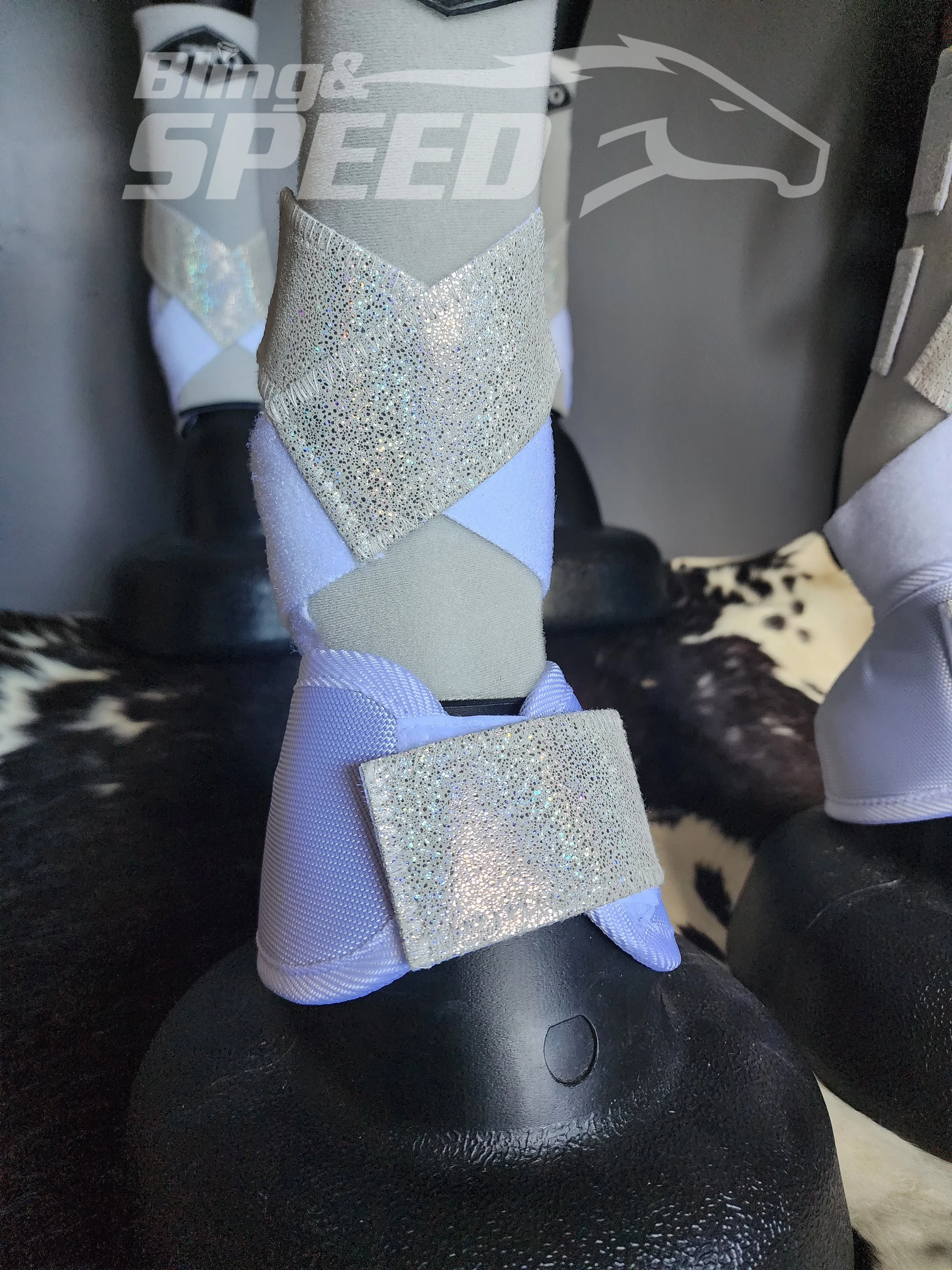 White H20 Front & Rear Set White Sparkle Leather Straps Support Boots and Bells