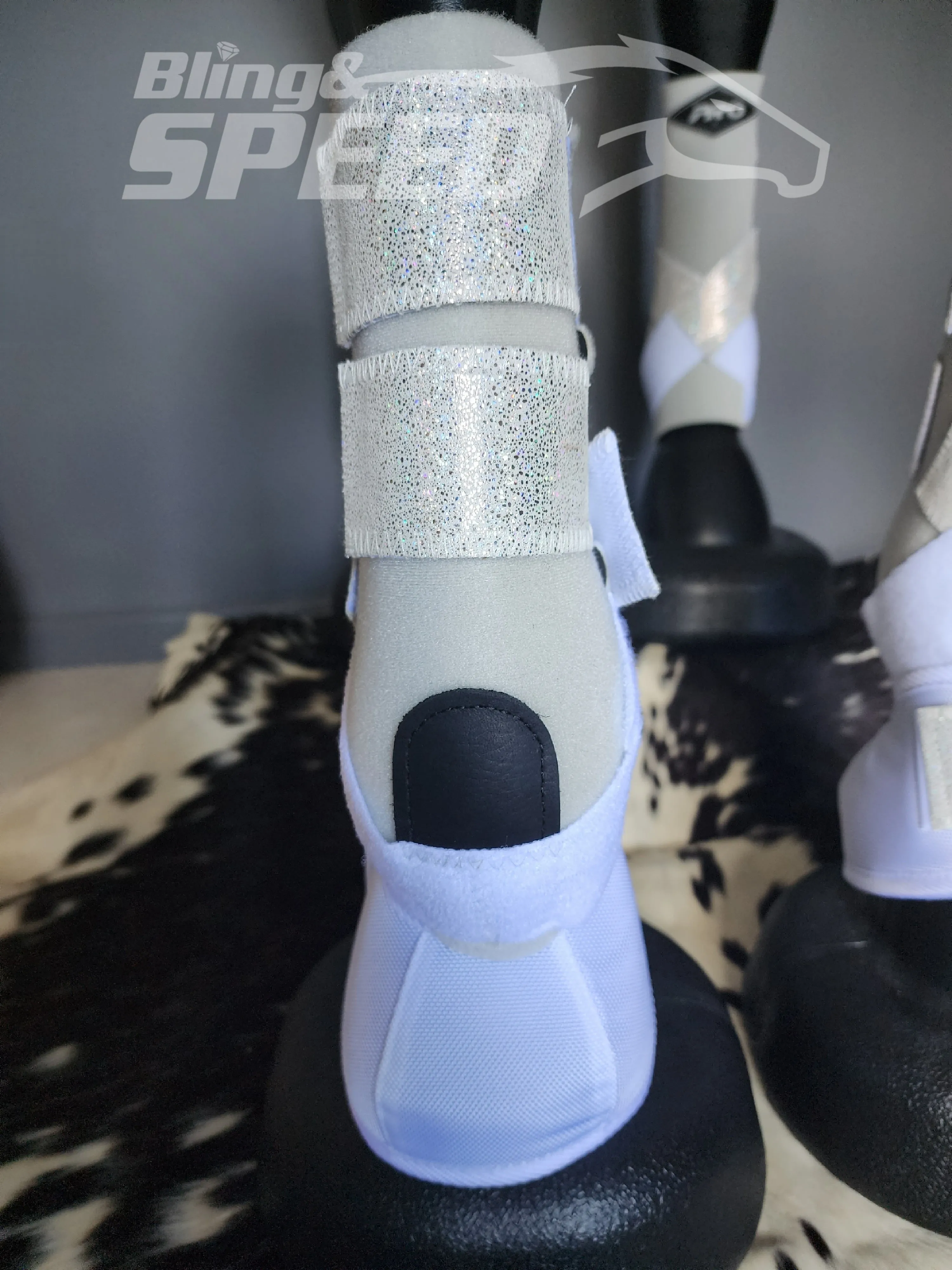 White H20 Front & Rear Set White Sparkle Leather Straps Support Boots and Bells