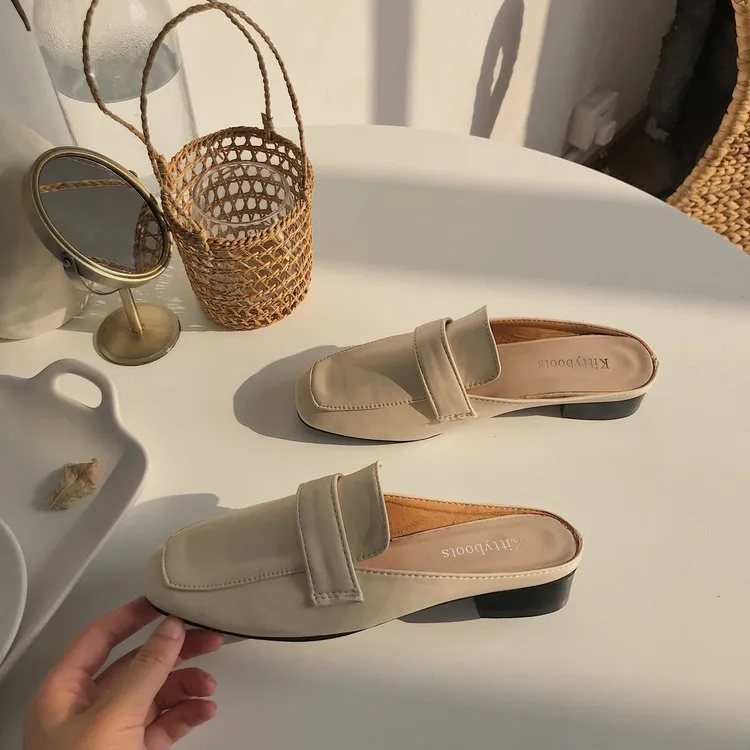 Womens Flats Shoes Mules Slippers Cover Toe Loafers Pu