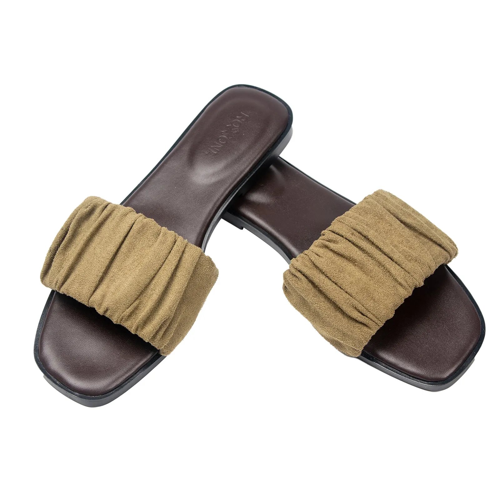 Women’s Ruched Fabric Slide Sandals Open Toe Flat Sandals with Heel Cushion