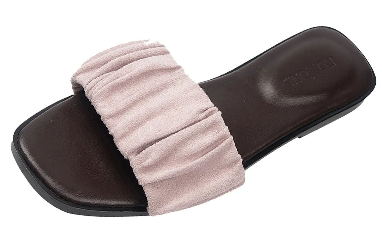Women’s Ruched Fabric Slide Sandals Open Toe Flat Sandals with Heel Cushion