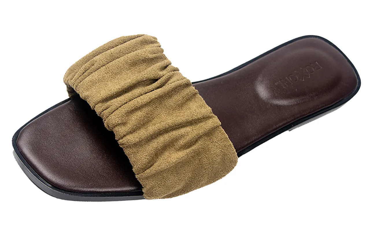 Women’s Ruched Fabric Slide Sandals Open Toe Flat Sandals with Heel Cushion